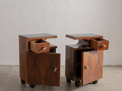 1930s Pair of Deco Bedside Tables in Wood, Glass & Metal
