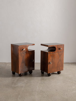 1930s Pair of Deco Bedside Tables in Wood, Glass & Metal