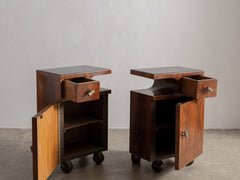 1930s Pair of Deco Bedside Tables in Wood, Glass & Metal