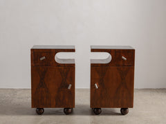 1930s Pair of Deco Bedside Tables in Wood, Glass & Metal