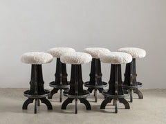 1950s Wooden Stool with Sheepskin Seat