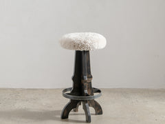 1950s Wooden Stool with Sheepskin Seat