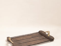 1970s French Brutalist Wooden Tray with Ivory Handles
