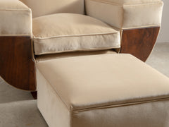 1930s Art Deco Club Chair & Ottoman in Almond Velvet