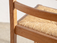 1950s Set of 8 French Oak & Rush Seat Dining Chairs
