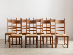 1950s Set of 8 French Oak & Rush Seat Dining Chairs