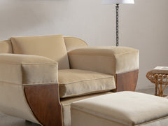 1930s Art Deco Club Chair & Ottoman in Almond Velvet