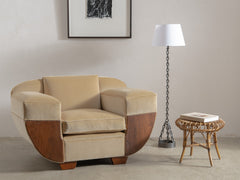 1930s Art Deco Club Chair & Ottoman in Almond Velvet