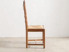1950s Set of 8 French Oak & Rush Seat Dining Chairs
