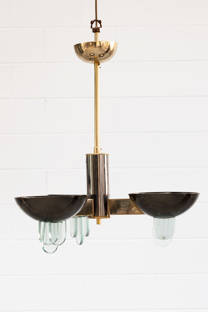 Mid-Century Brass and Glass 3 Arm Chandelier
