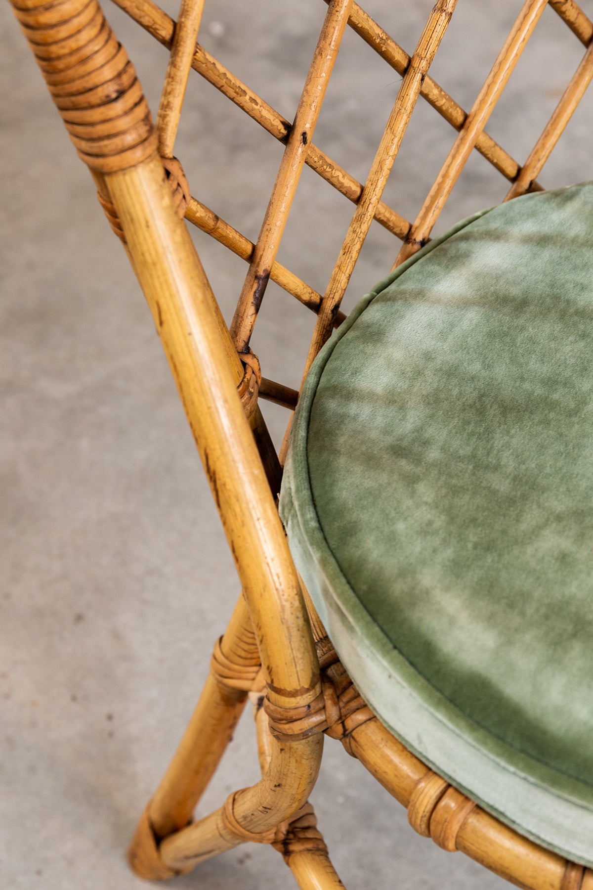 1970s Rattan Chair with Velvet Cushion (4 Available)